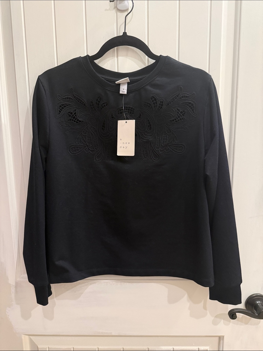 a new day Black Crewneck Sweatshirt with Raised Embroidery